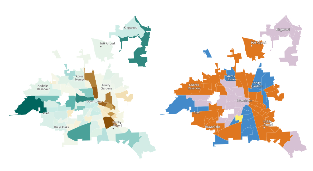 side-by-side maps of Houston's 88 neighborhoods shaded by unknown data
