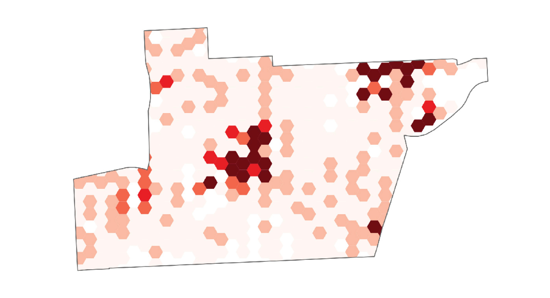 a hexbin map with the outline of the Meyerland neighborhood
